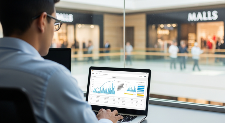 Gerente de centro comercial revisando un panel digital de gestión sin interrumpir la operación diaria