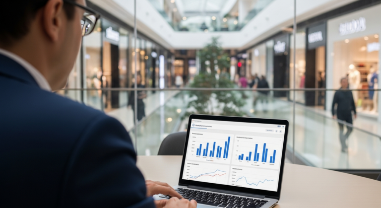 Gerente de centro comercial analizando un software de gestión para mejorar la rentabilidad del mall