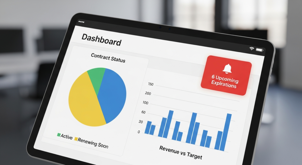 Dashboard de control de vencimientos y alertas preventivas en software de gestión de contratos (CLM).