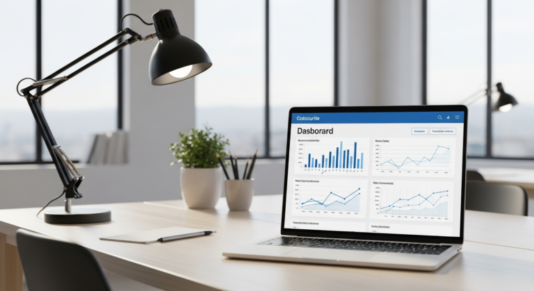 Empresario analizando un sistema ERP moderno en 2026 en una computadora portátil con gráficos de gestión.