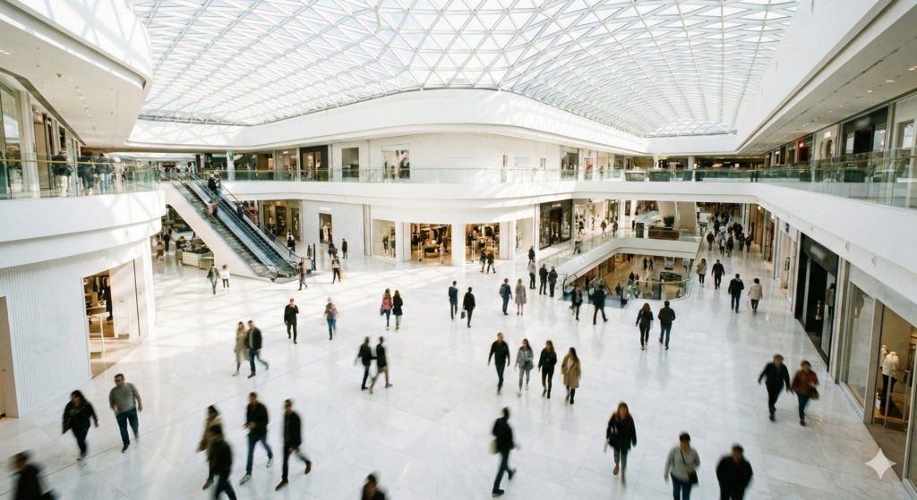 Vista aérea de personas caminando por los pasillos de un centro comercial representando la afluencia y flujo de visitantes.