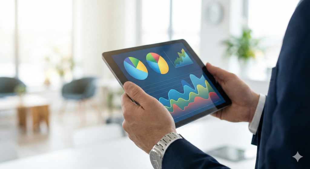 Profesional revisando un cuadro de mando con indicadores financieros y operativos en una tablet.