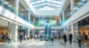 Tablero de datos digitales sobre un centro comercial moderno ilustrando KPIs clave para medir el desempeño.