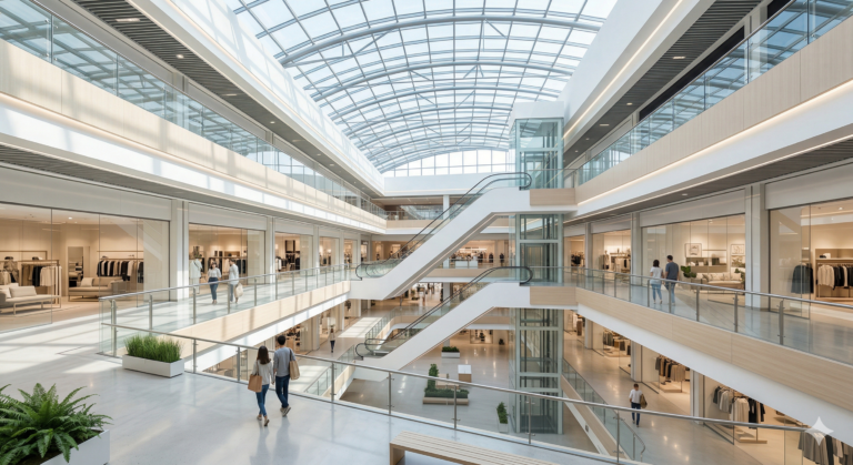 Interior de un centro comercial moderno que representa un equilibrio saludable en el costo de ocupación.
