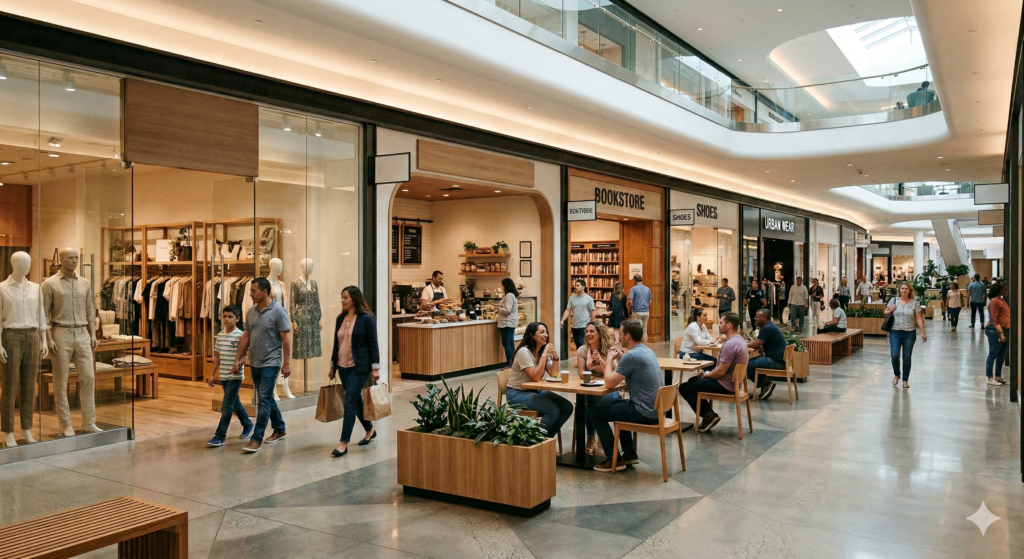 Pasillo de centro comercial mostrando un tenant mix optimizado para mejorar el costo de ocupación.
