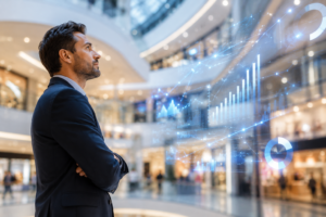 CEO de shopping mall analizando métricas de gestión de activos y datos financieros.
