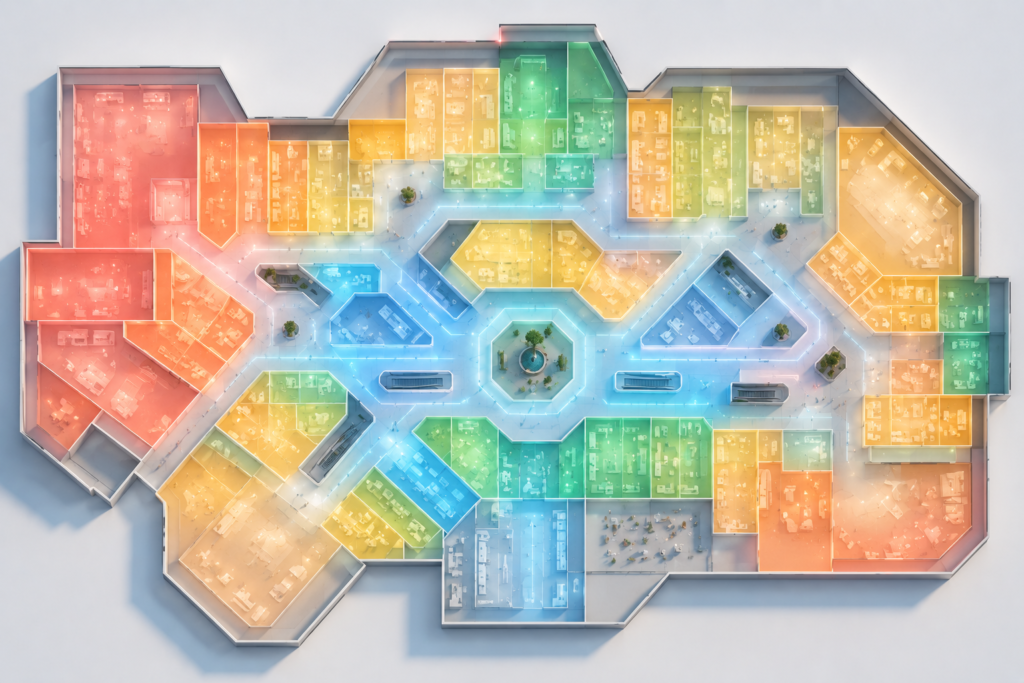 Mapa de calor financiero para analizar el tenant mix en un shopping center moderno.
