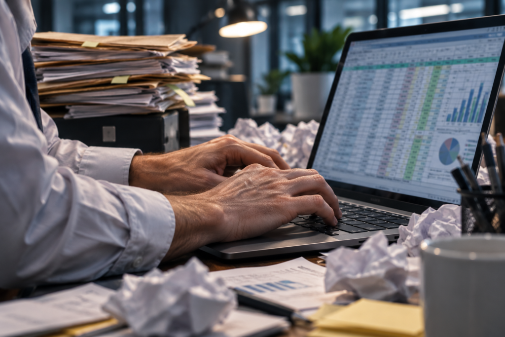 Primer plano de las manos de un administrador gestionando datos complejos, ilustrando los riesgos y errores de usar Excel para el cálculo de rentas comerciales en un mall.