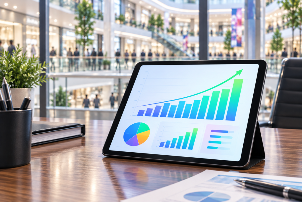 Una tablet mostrando gráficos financieros claros y positivos, representando los beneficios de usar un software especializado para automatizar el porcentaje de ventas en un centro comercial.