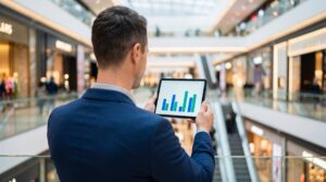 Gestor inmobiliario analizando la auditoría de ventas automatizada de un centro comercial en una tablet.