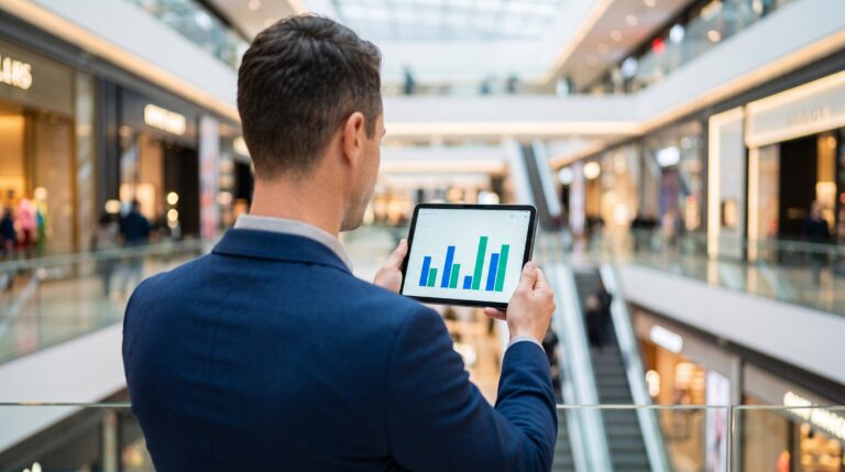 Gestor inmobiliario analizando la auditoría de ventas automatizada de un centro comercial en una tablet.