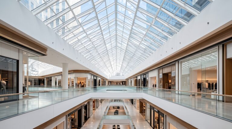 Pasillo luminoso y moderno de un centro comercial reflejando la gestión y cobro de cuotas de mantenimiento común CAM.