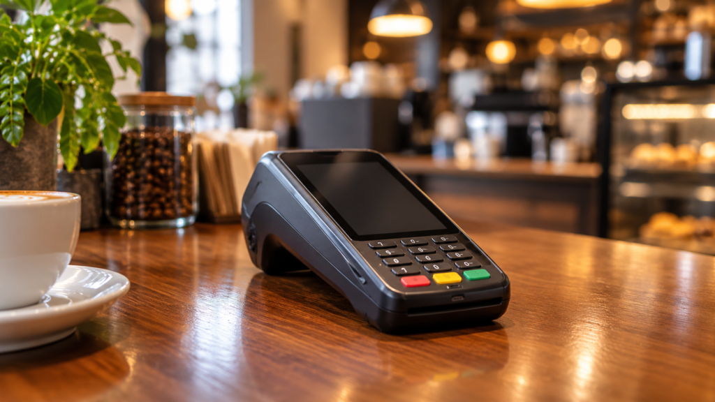 Terminal de punto de venta en una cafetería, herramienta esencial para medir el punto de quiebre en el alquiler variable comercial.