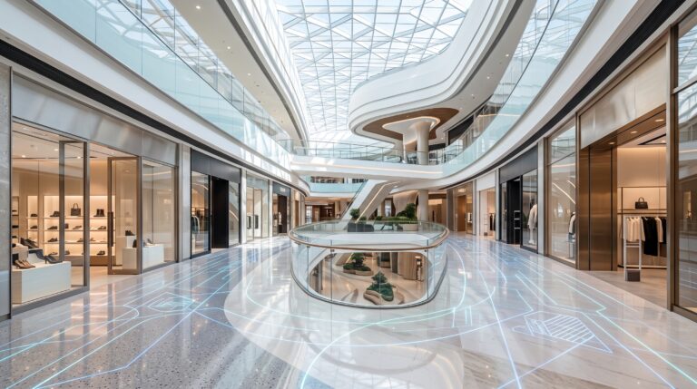 Interior de un centro comercial moderno con redes digitales, representando la implementación de software para centros comerciales.
